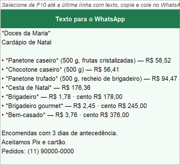 Texto de cardápio de Natal pronto para colar no WhatsApp, com preço da unidade e do cento